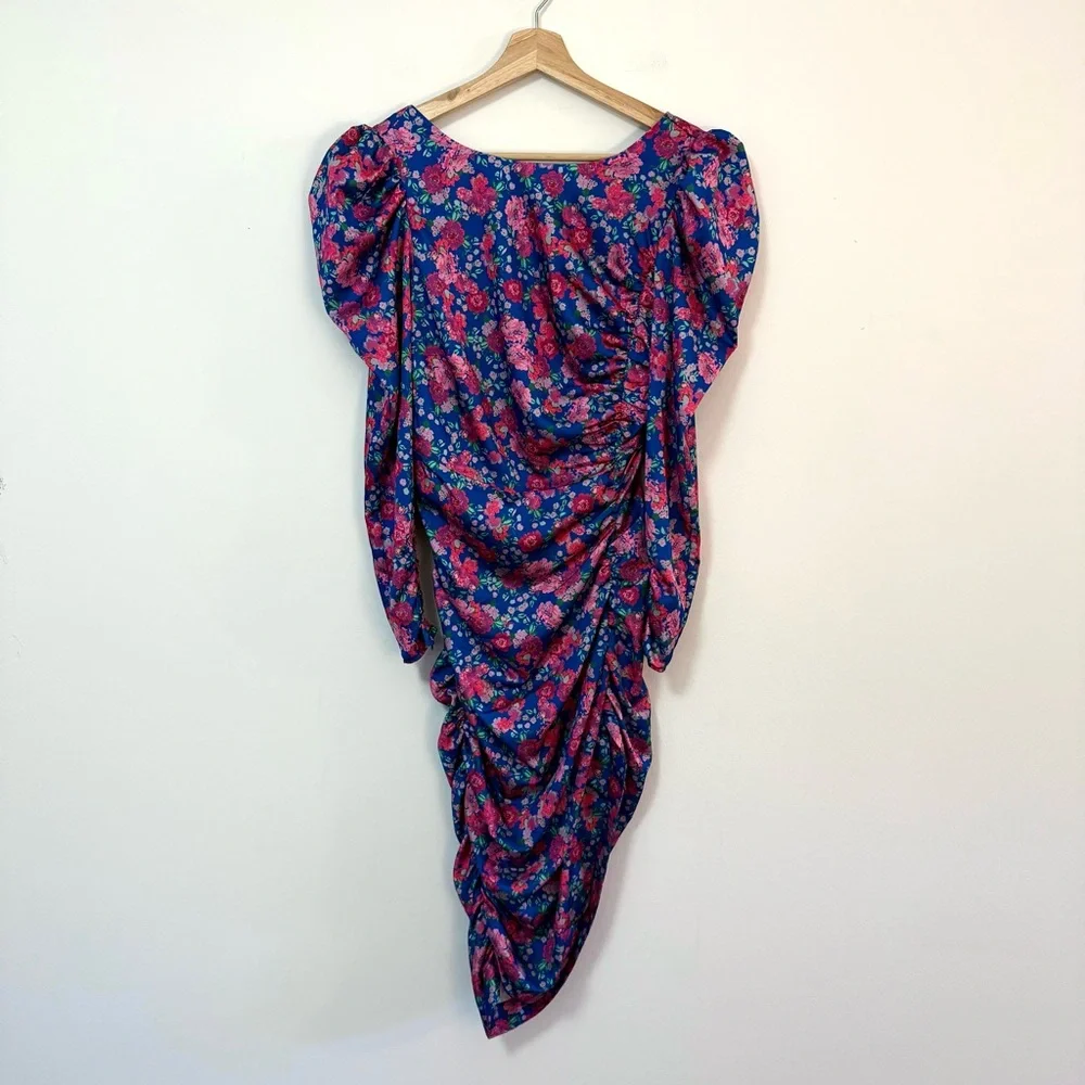 For Love & Lemons Annie Blue Purple Floral Satin Midi Dress Puff Sleeve Small